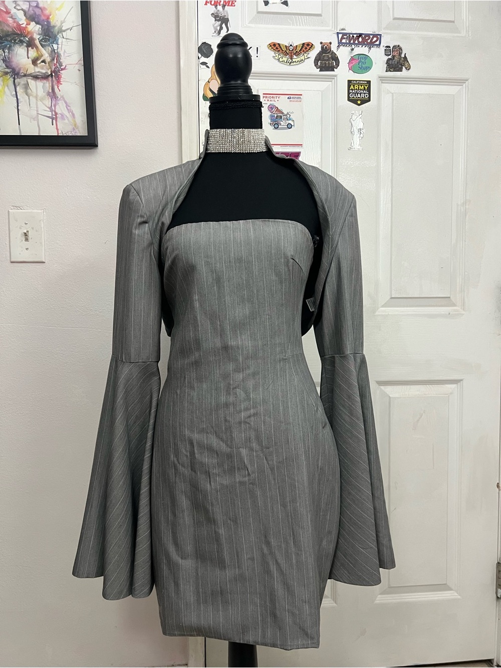 Fashion Nova Grey Pinstripe Strapless Sheath Dress with Bell-Sleeve Bolero